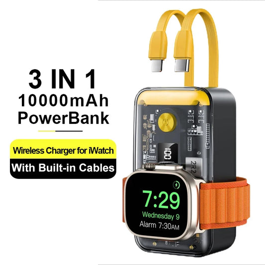 Wireless PowerBank PD20W for iWatch s1-s9 with Built-in Cable 10000mAh Portable Battery Source for iPhone HUAWEI Xiaomi Samsung